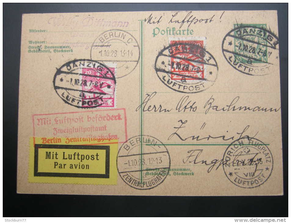 1928, Flugpostkarte Nach Zürich - Postal  Stationery