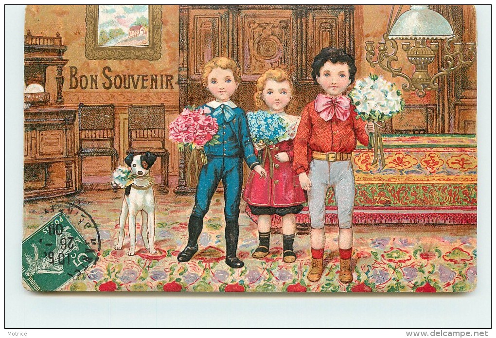 BON SOUVENIR - Enfants Aux Bouquets (carte Gaufrée). - Groupes D'enfants & Familles