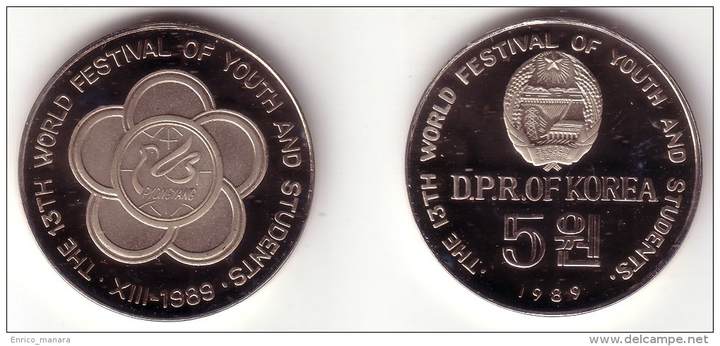 NORTH KOREA, Republic - 5 Won 1989  FESTIVAL OF YOUTH  -  KM#19  Proof  [Rare Type] - Corea Del Nord