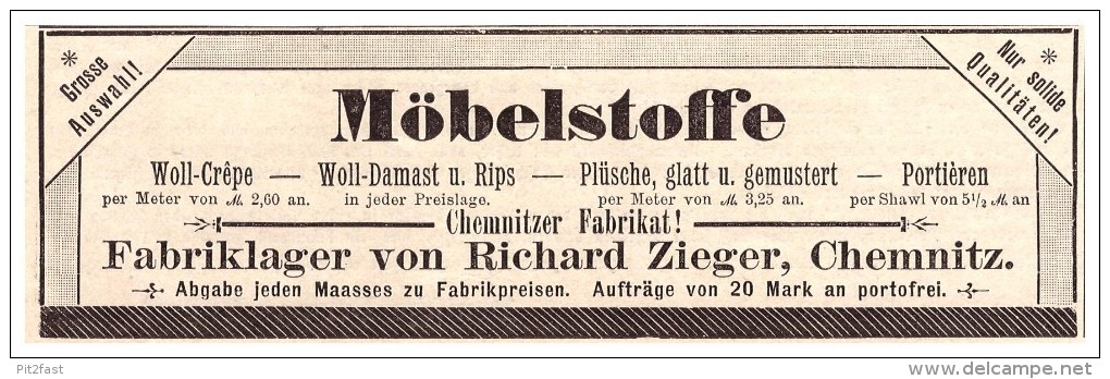 Original Werbung - 1891 - Möbelstoffe , Richard Zieger In Chemnitz , Möbel , Einrichtung !!! - Werbung