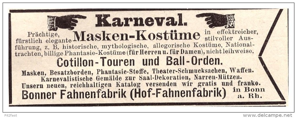 Original Werbung - 1891 - Karneval - Masken , Kostüme , Fahnenfabrik Bonn !!! - Fasching & Karneval