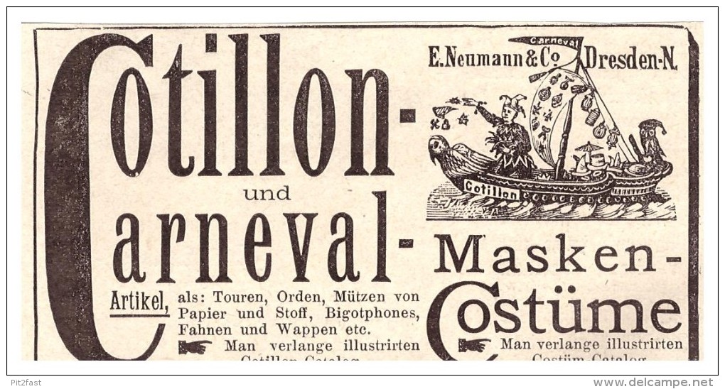 Original Werbung - 1891 - Karneval - Masken , Kostüme , E. Neumann & Co., Fasching !!! - Carnaval