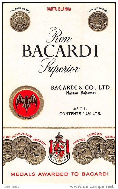 0493 "RON BACARDI SUPERIOR - BACARDI & CO. LTD"  MEDAGLIE AWARDED TO BACARDI.  ETICHETTA ORIGINALE. - Rhum