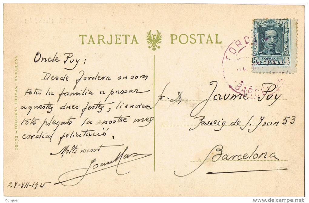 11109. Postal TORDERA (Barcelona) 1925. Fechador Violeta. Llach Jalpi Y El Tordera - Cartas & Documentos