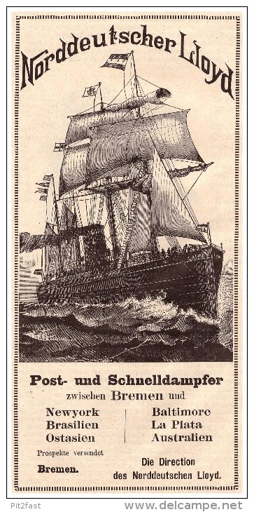 Original Werbung - 1891 - Norddeutscher Lloyd In Bremen , Post- Und Schnelldampfer !!! - Sonstige & Ohne Zuordnung