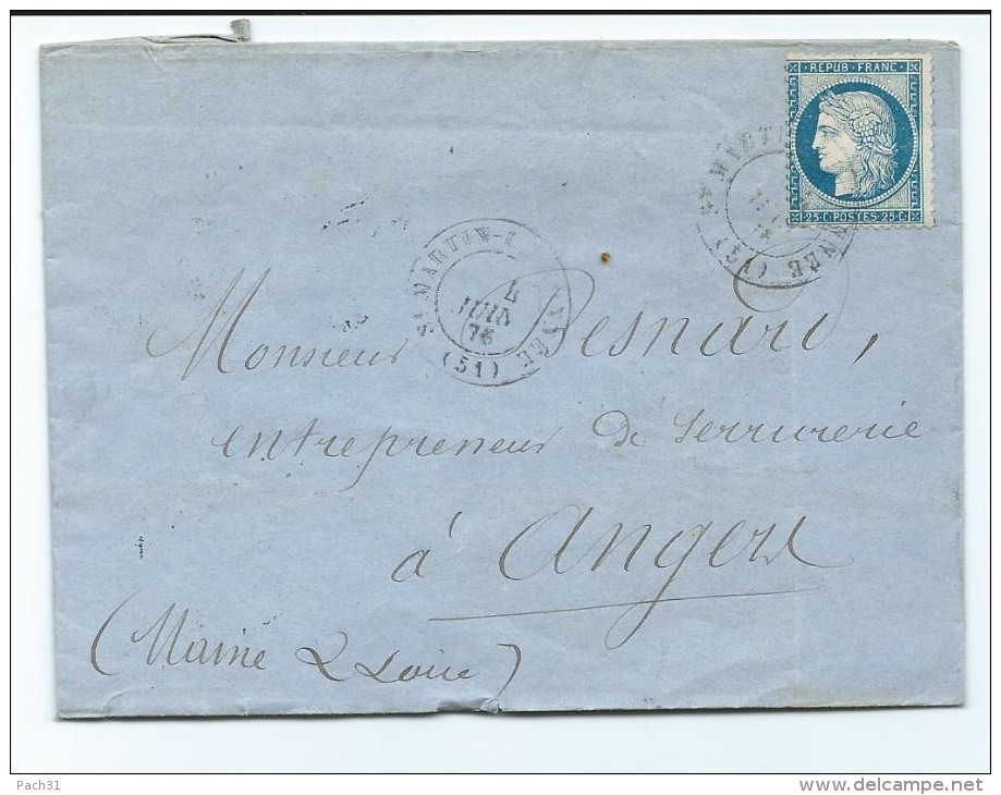 60C Sur  Lettre De  St Martin De Connée Pour Angers Cachet Convoyeur Brest à Paris 1876 - 1849-1876: Periodo Clásico