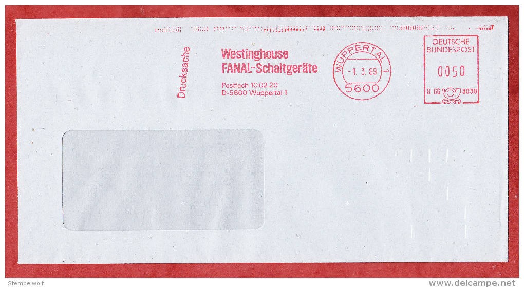 Drucksache, Francotyp-Postalia B66-3030, Westinghouse Fanal-Schaltgeraete, 50 Pfg, Wuppertal 1989 (69158) - Lettres & Documents