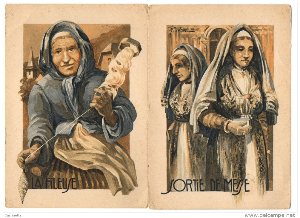 2 Cartes - Illustrateur TREBLA - 64 - Béarn - Bigorre - La Fileuse Et Sortie De Messe - Bearn