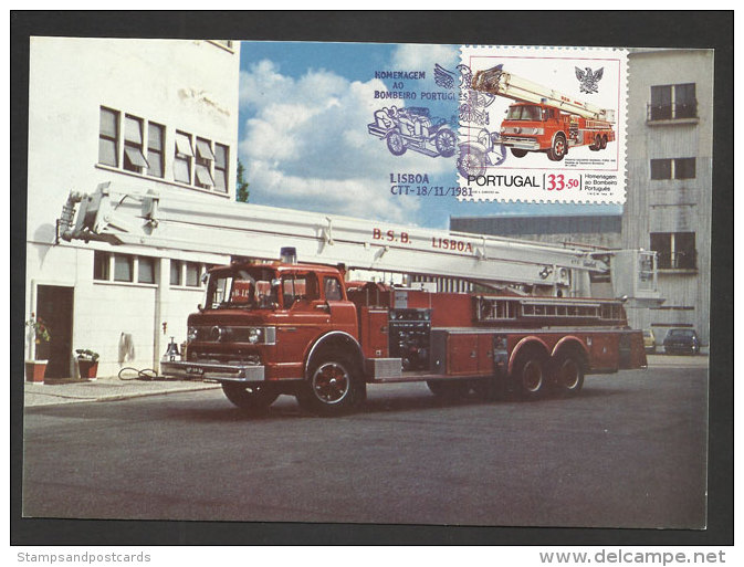 Portugal Sapeurs-Pompiers Auto échelle Pompier Ford Carte Maximum 1982 Fire Escape Ford Truck Firefighters Maxicard - Maximum Cards & Covers
