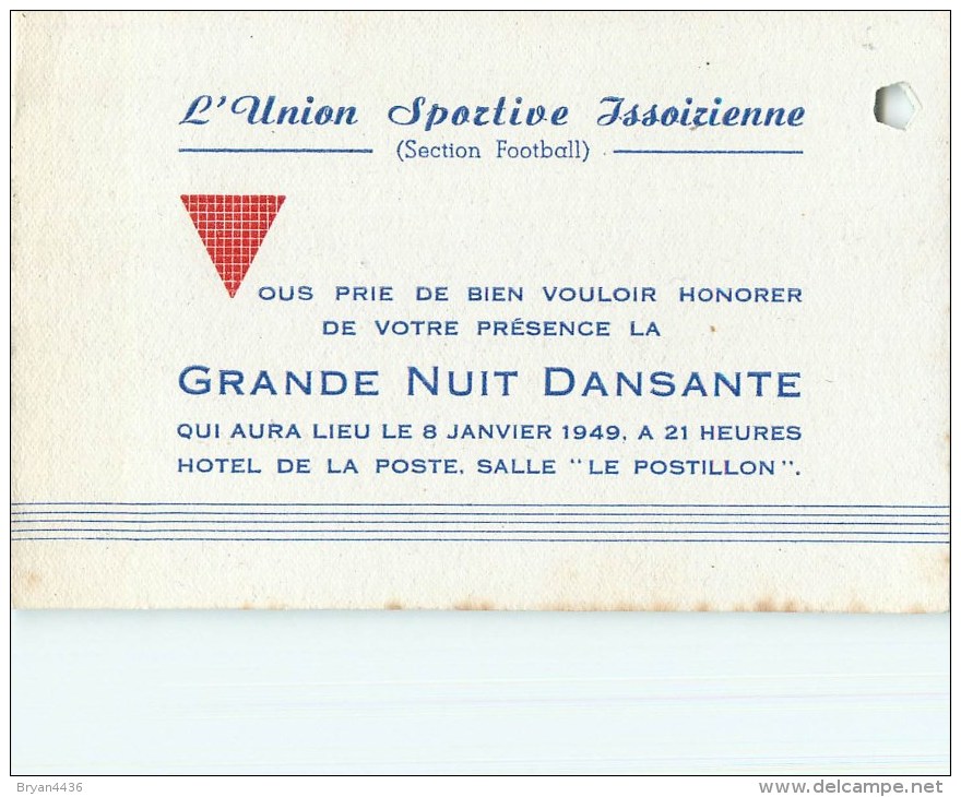 63 - Issoire - ** Section Football - Union Sportive Issoirienne ** - Carte Ancienne D´Invitation - 1949 - (8 X 12) - Issoire