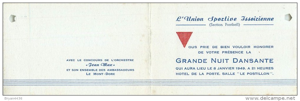 63 - Issoire - ** Section Football - Union Sportive Issoirienne ** - Carte Ancienne D´Invitation - 1949 - (8 X 12) - Issoire