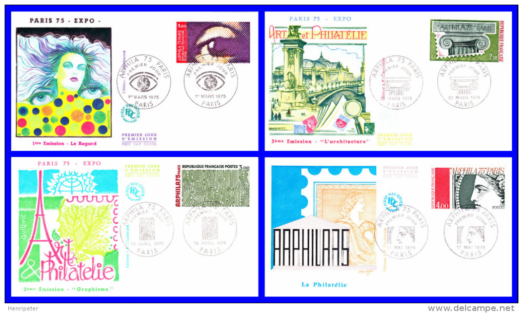 1830-1831-1832-1833 (Yvert) Sur 4 FDC (GF-PJ) - Arphila 75 L´oeil Le Chapiteau Graphisme Cérès - France 1975 - 1970-1979