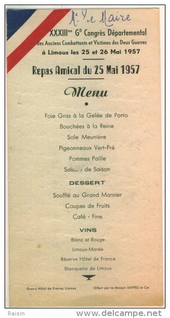 Anciens Combattants Et Victimes Des Deux Guerres 1957  Limoux   Menu   état Moyen - Menus