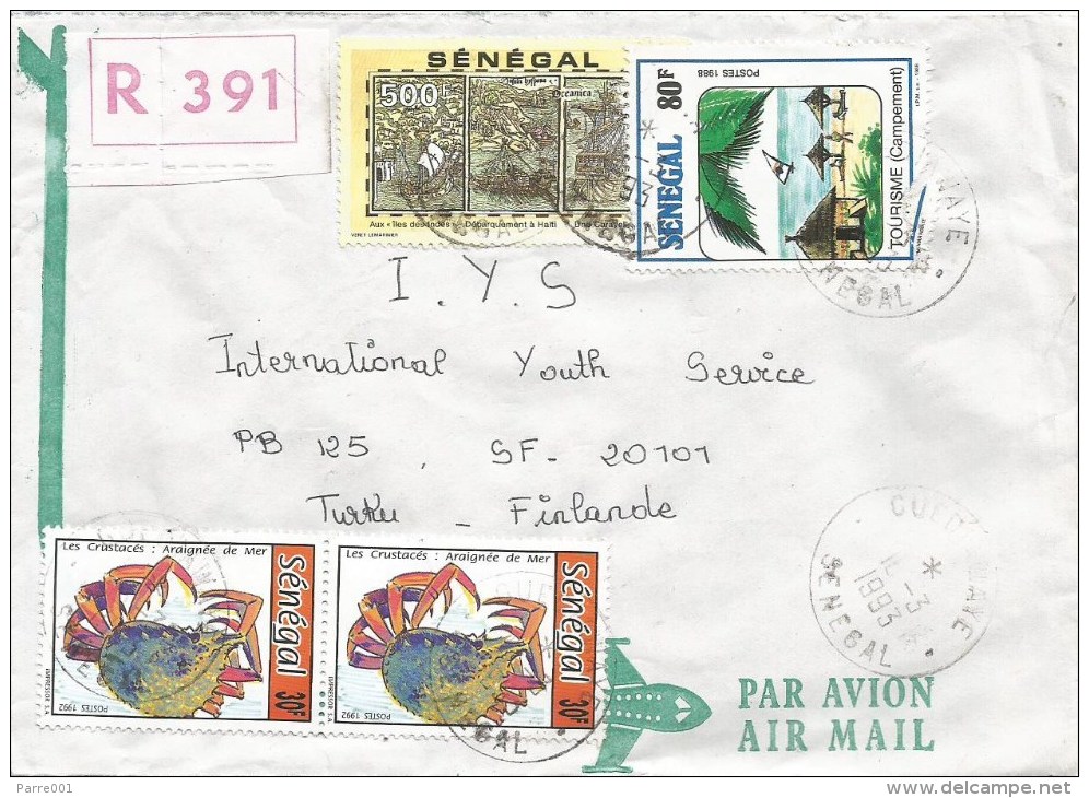 Senegal 1993 Guediwaye Crab Haiti Ship Beach Tourism Registered Cover - Senegal (1960-...)