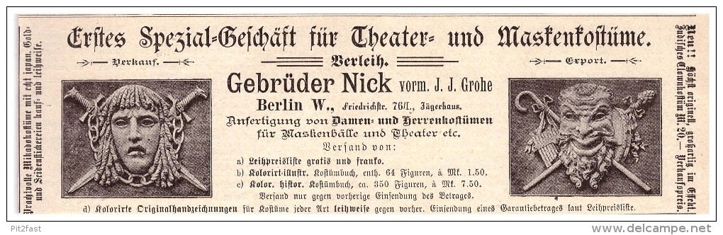 Original Werbung - 1891 - Theater- Und Maskenkostüme , Karneval - Masken , G. Nick In Berlin , Kostüme , Fasching !!! - Fasching & Karneval