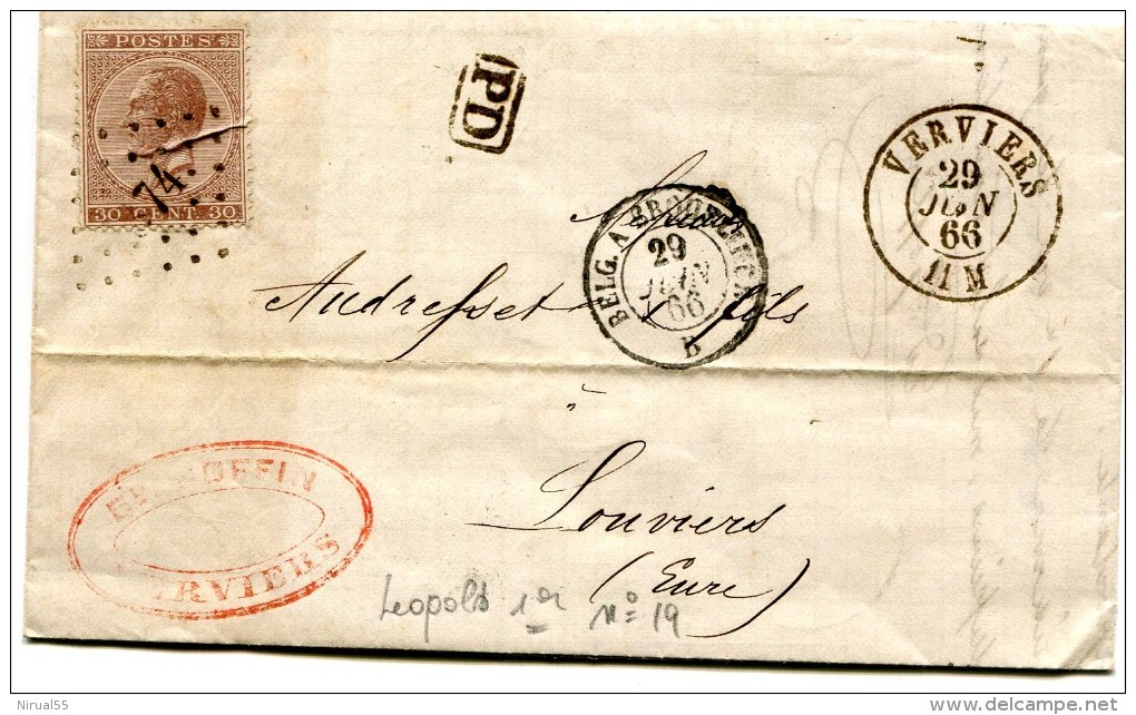 Belgique VERVIERS CAD Verviers 29.6.1866 + PC 74 Sur 30 C Léopold 1er N° 19 + Cachet D'entrée BELG.A ERQUELINES......G - 1865-1866 Profil Gauche