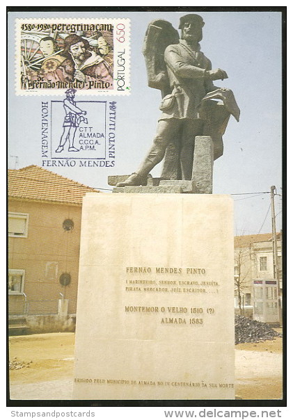 Portugal Fernão Mendes Pinto Carte Maximum Ecrivain Explorateur Statue A Almada 1984 Maxicard Discoveries - Cartes-maximum (CM)