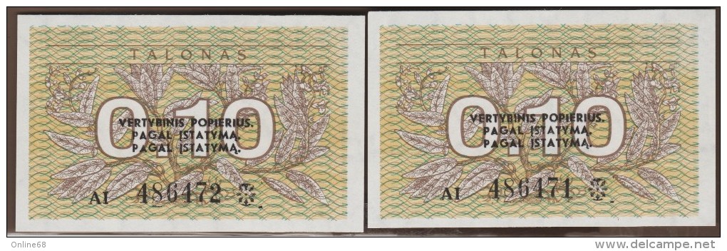 LITUANIA Lietuvos Respublika  LOT 2x  0.10 TALONAS 1991 P#29x  ERROR  SERIAL No CONSECUTIFS - Lituanie