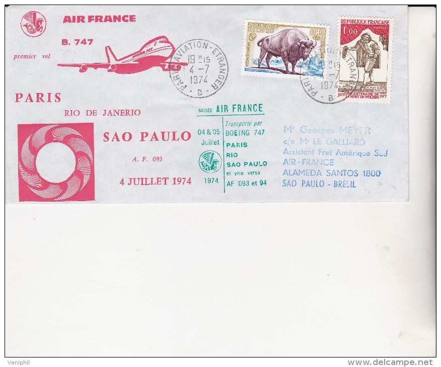 PREMIER VOL -AIR FRANCE- PARIS -RIO-SAO PAULO  -4 JUILLET 1974 - First Flight Covers