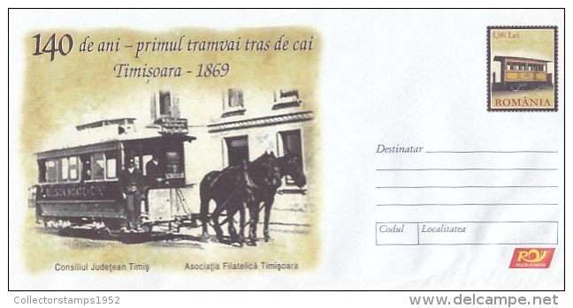 584FM- TIMISOARA- FIRST TRAM, TRAMWAY, HORSES, COVER STATIONERY, 2009, ROMANIA - Tramways