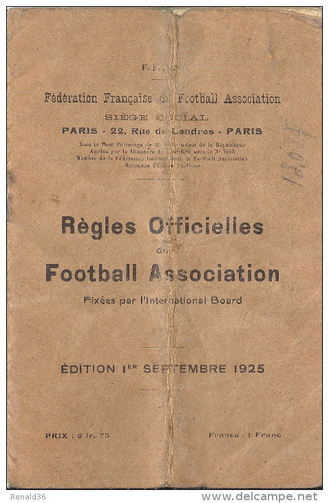 Livret FEDERATION FRANCAISE DE FOOTBALL ASSOCIATION PARIS DE 1926 REGLES OFFICIELLES - Sport