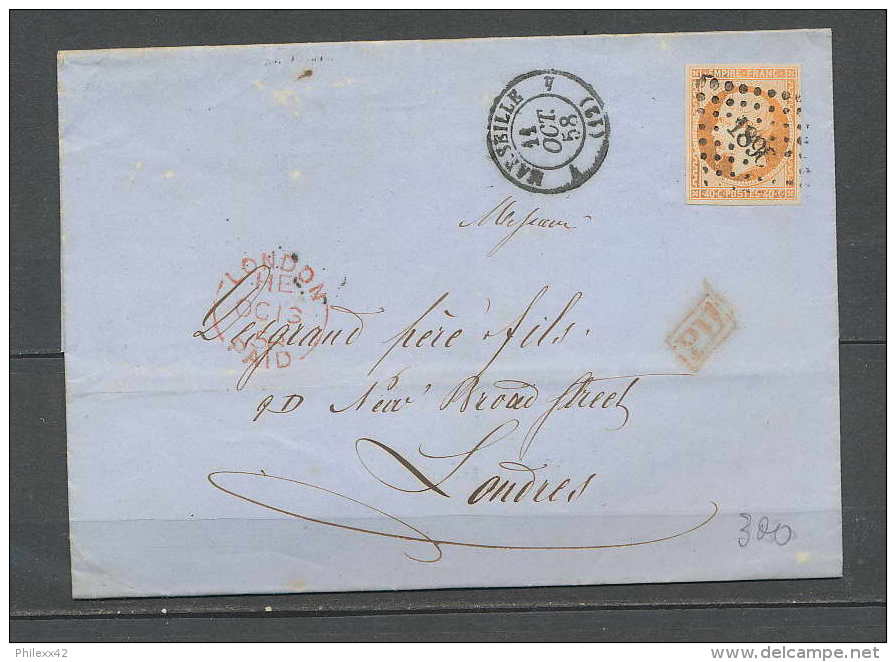 LETTRE-0349-Bouches-du-rh One-Marseille-napoléon N°16 PC 1896 Pour Londres Uk Tb 11/10/1858 Convoyeur Lyon A Paris - 1849-1876: Période Classique