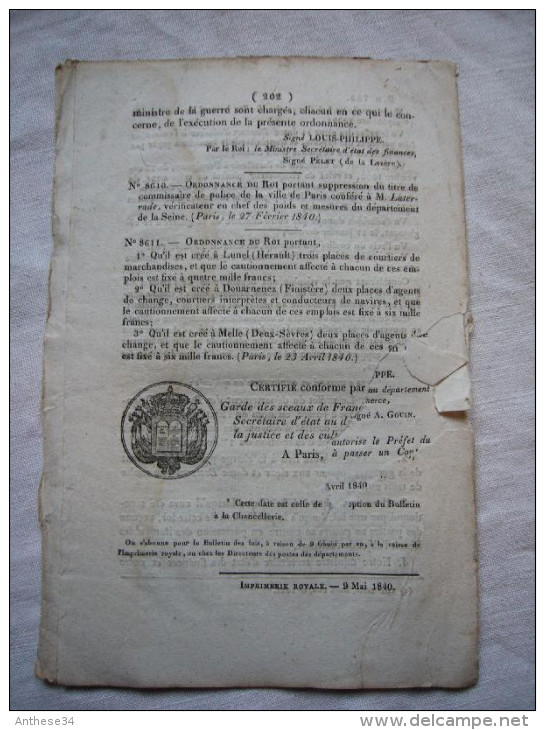 Bulletin Des Lois N°725  1840 Relatif à La Transformation Des Armes à Silex En Armes à Percussion 8 Pages - Décrets & Lois