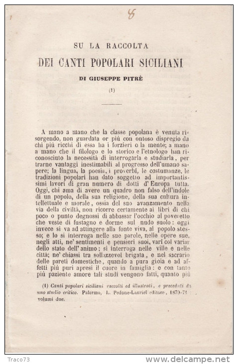 PALERMO  1871/  Estratto Dal Giornale Di Sicilia Di Palermo " SU LA RACCOLTA DEI CANTI POPOLARI SICILIANI DI G. PITRE' " - Libri Antichi