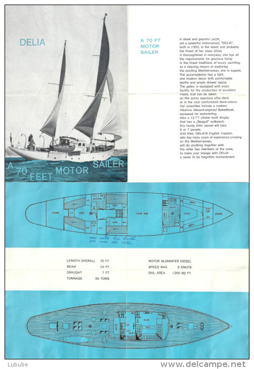 Faltblatt  "Delia - 70 Feet Motor Sailor"               1952 - Navy