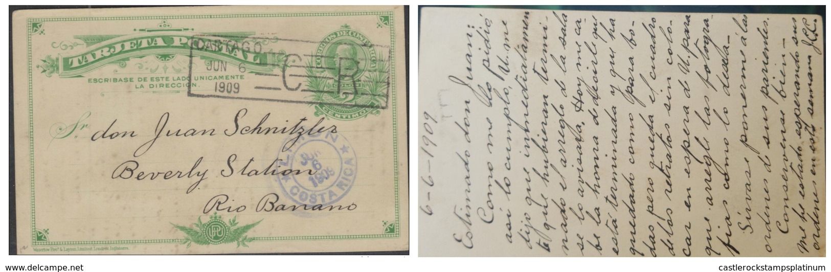 O) 1909 COSTA RICA, 2 CENTIMOS COLON - COLUMBUS, POSTAL STATIONARY VIA LIMON TO RIO BANANO, SEAL CARTAGO CR, XF - Costa Rica