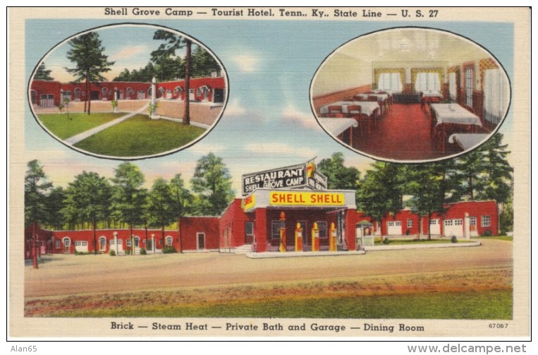 Shell Grove Camp Gas Station, Tenn-Kentucky State Line, Lodging, Highway US 27, C1930s Vintage Linen Postcard - American Roadside