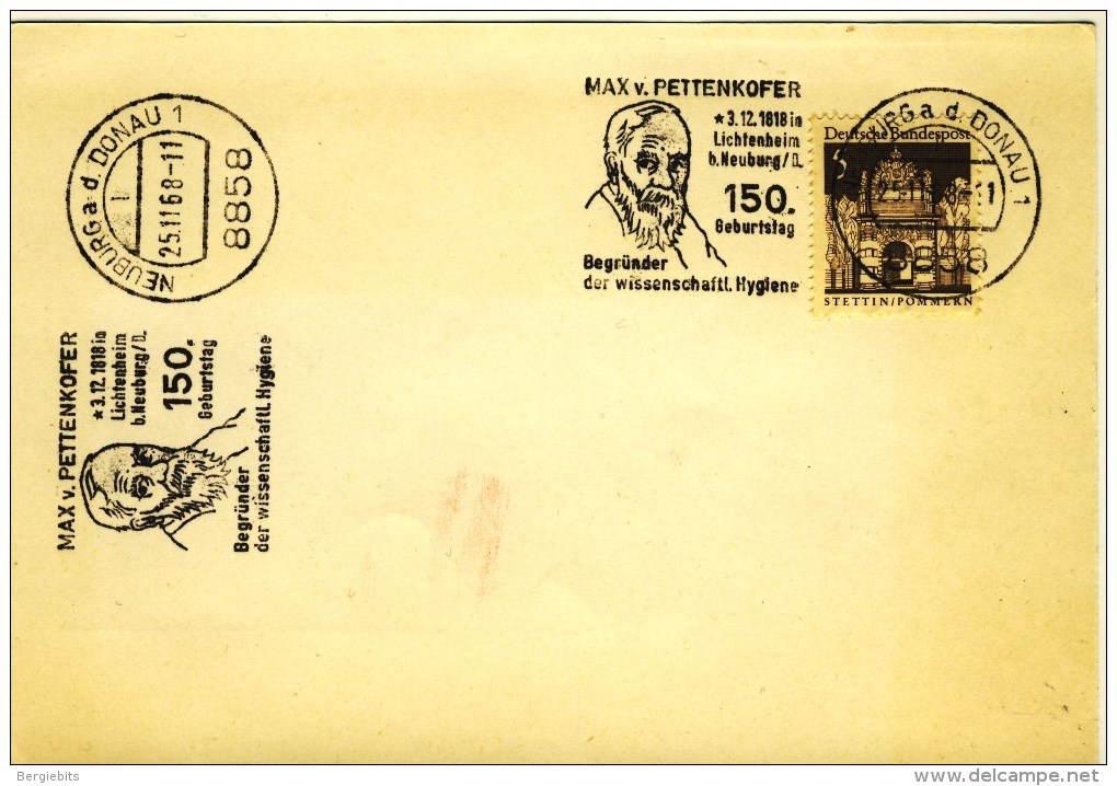 1968 Germany Special 150 Birthday Card Issue Of "Max V. Pettenkofer" Famous Scientist - Covers & Documents