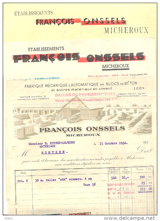 MICHEROUX - Lot De 3 Factures Différentes - Ets François ONSSELS, Blocs En Béton,... 1934 à 38 - 1900 – 1949