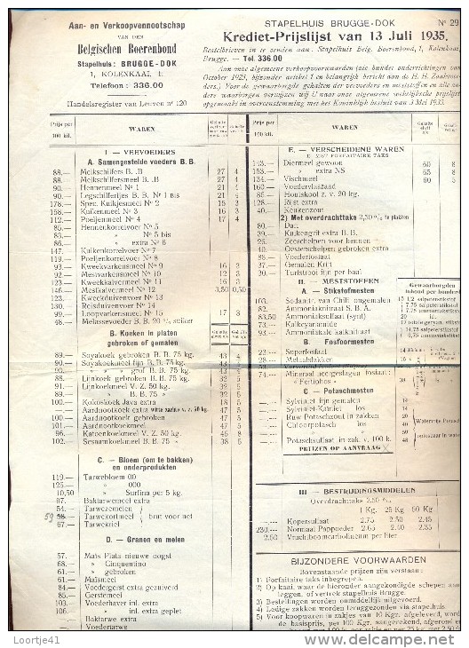 Stapelhuis Brugge Dok - Boerenbond Prijslijst Veevoeders Meststoffen 13 Juli 1935 - Agriculture