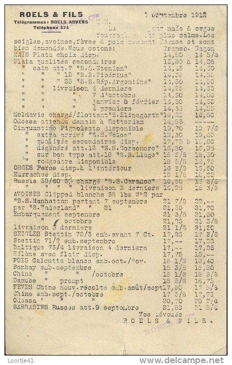 Liste Des Prix - Prijslijst - Landbouw - Roels & Fils Anvers Antwerpen 1912 - Vrachtschip - - Droguerie & Parfumerie