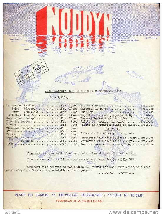 Facture Faktuur - Liste Des Prix - Prijslijst - Poissons - NODDYN - Bruxelles 1939 - Levensmiddelen