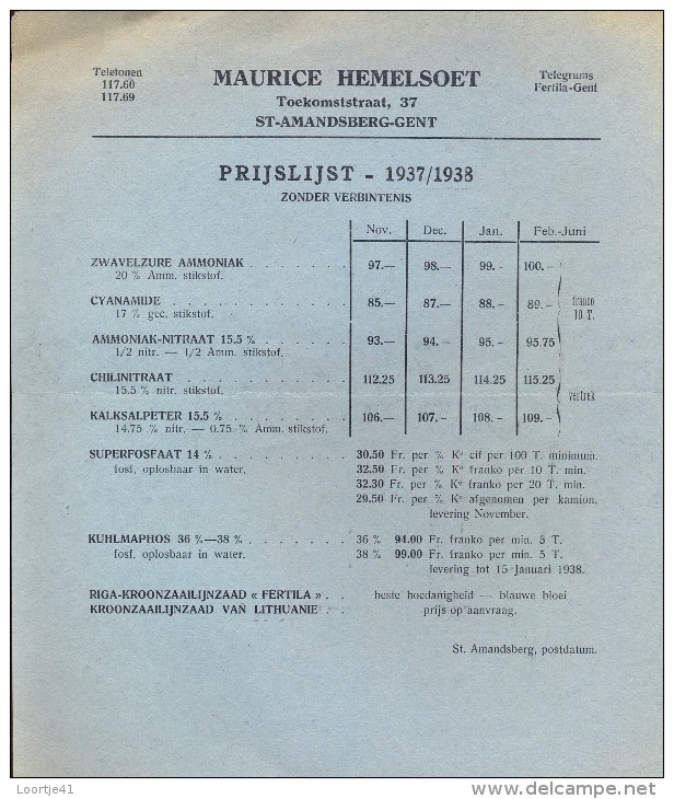 Liste Des Prix - Prijslijst - Landbouw Meststoffen  -Maurice Hemelsoet Sint Amandsberg Gent - 1937 - 1938 - Agricoltura