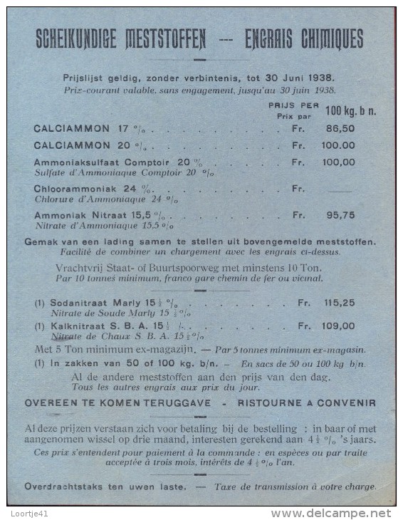 Liste Des Prix - Prijslijst - Landbouw Meststoffen Engrais - A.J. Schenck Bruxelles 1938 - Landbouw