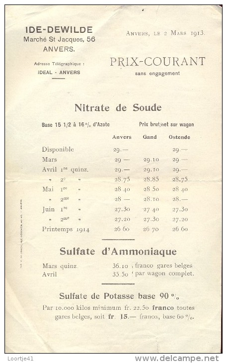 Liste Des Prix - Prijslijst - Landbouw Meststoffen Engrais - Ide Dewilde Anvers Antwerpen 1913 - Landwirtschaft