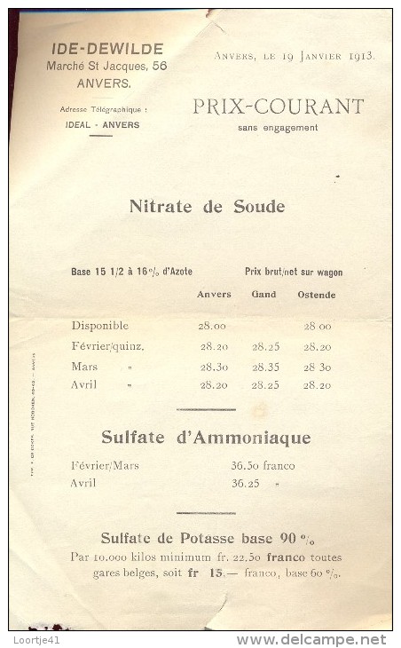 Liste Des Prix - Prijslijst - Landbouw Meststoffen Engrais - Ide Dewilde Anvers Antwerpen Jan.1913 - Agricoltura