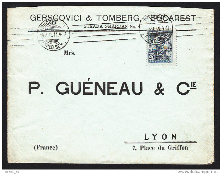 KINGDOM OF ROMANIA - Cover, Envelope, Year 1911 - Gerscovici & Tomberg - Bucarest, Bucharest - P. Gueneau & C, Lyon - Covers & Documents