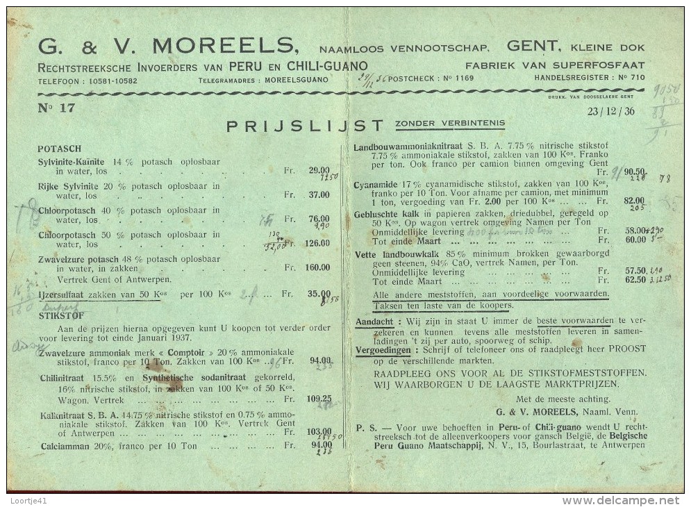 Liste Des Prix - Prijslijst - G & V. Moreels Gent - Chili Guano Meststoffen 1936 - Landwirtschaft