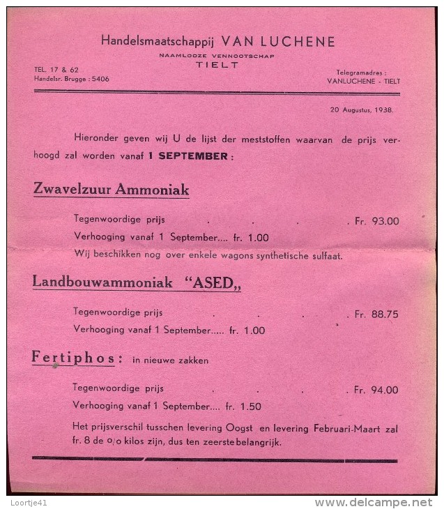 Liste Des Prix - Prijslijst - Meststoffen Van Luchene Tielt - 1938 - Agriculture