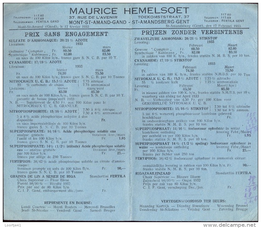 Liste Des Prix - Prijslijst - Landbouw Meststoffen  Maurice Hemelsoet Sint Amandsberg Gent - 1933 - Agriculture