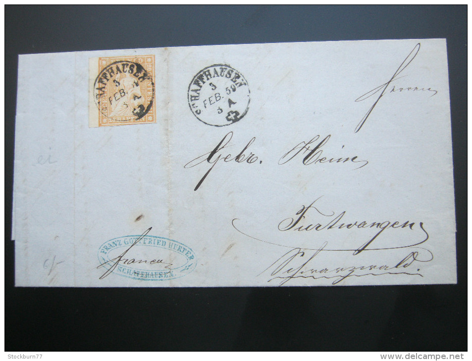 1859 , 20  Rappen  , Riesenrandstück  Auf Brief Aus Schaffhausen  Nach Furtwangen - Cartas & Documentos