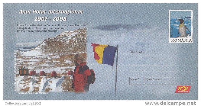 628FM- INTERNATIONAL POLAR YEAR, PENGUINS, ANTARCTIC BASE, COVER STATIONERY, 2007, ROMANIA - International Polar Year