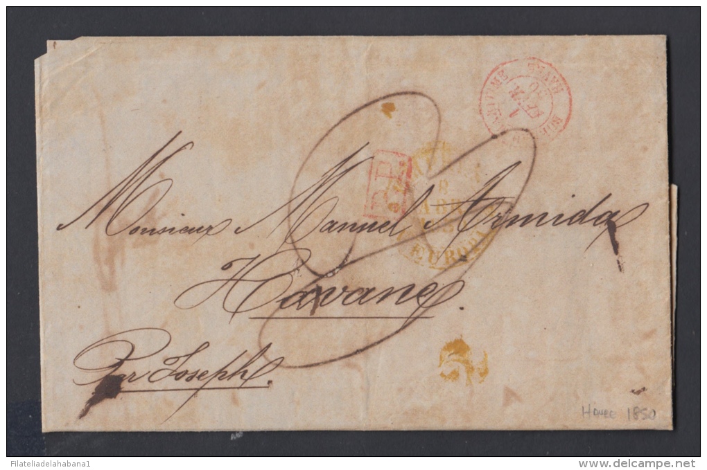 PREFI-193. CUBA SPAIN ESPAÑA. MARITIME MAIL. STAMPLESS. 1850. MARCA EMPRESA. &ldquo;N. EUROPA&rdquo; AMARILLO. SHIP JOSE - Prefilatelia