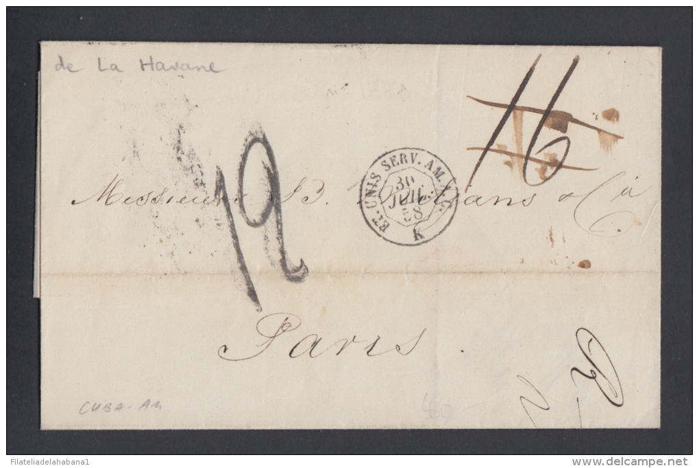 PREFI-196. CUBA SPAIN ESPAÑA. MARITIME MAIL. STAMPLESS.  HAVANA TO PARIS. FRANCIA. FRANCE. VIA US. 1858. - Prephilately