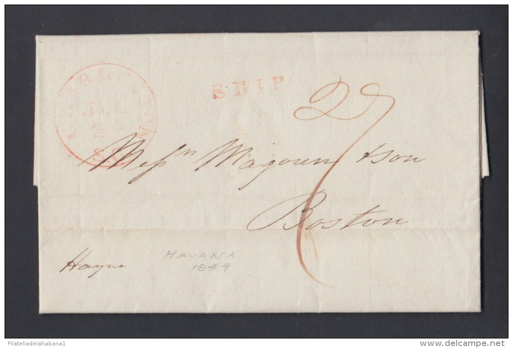 PREFI-201. CUBA SPAIN ESPAÑA. MARITIME MAIL. STAMPLESS. 1844. CARTA DE LA HABANA A BOSTON. US. VIA NEW YORK. MARCAS &ldq - Voorfilatelie