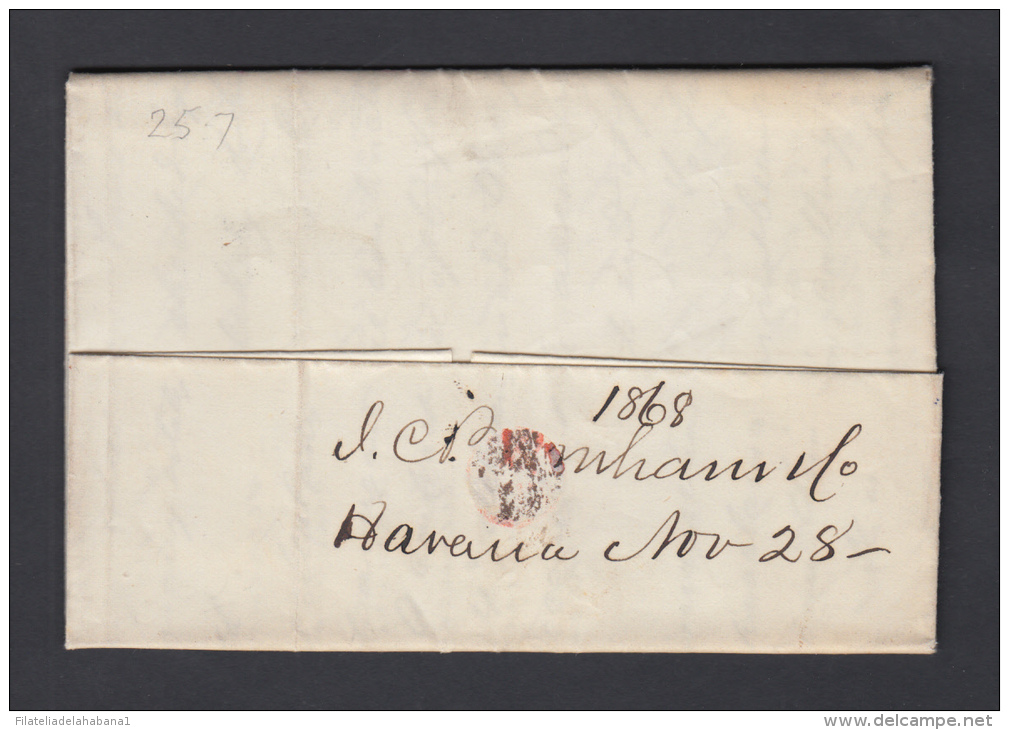 PREFI-201. CUBA SPAIN ESPAÑA. MARITIME MAIL. STAMPLESS. 1844. CARTA DE LA HABANA A BOSTON. US. VIA NEW YORK. MARCAS &ldq - Voorfilatelie